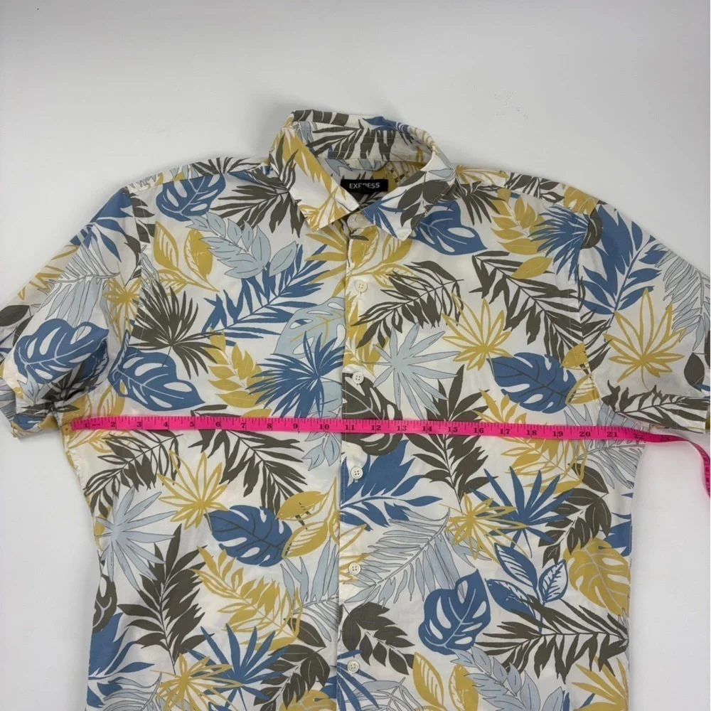 Express Hawaiian Shirt Mens Button Front Yellow /Blue - Large - Picture 5 of 7